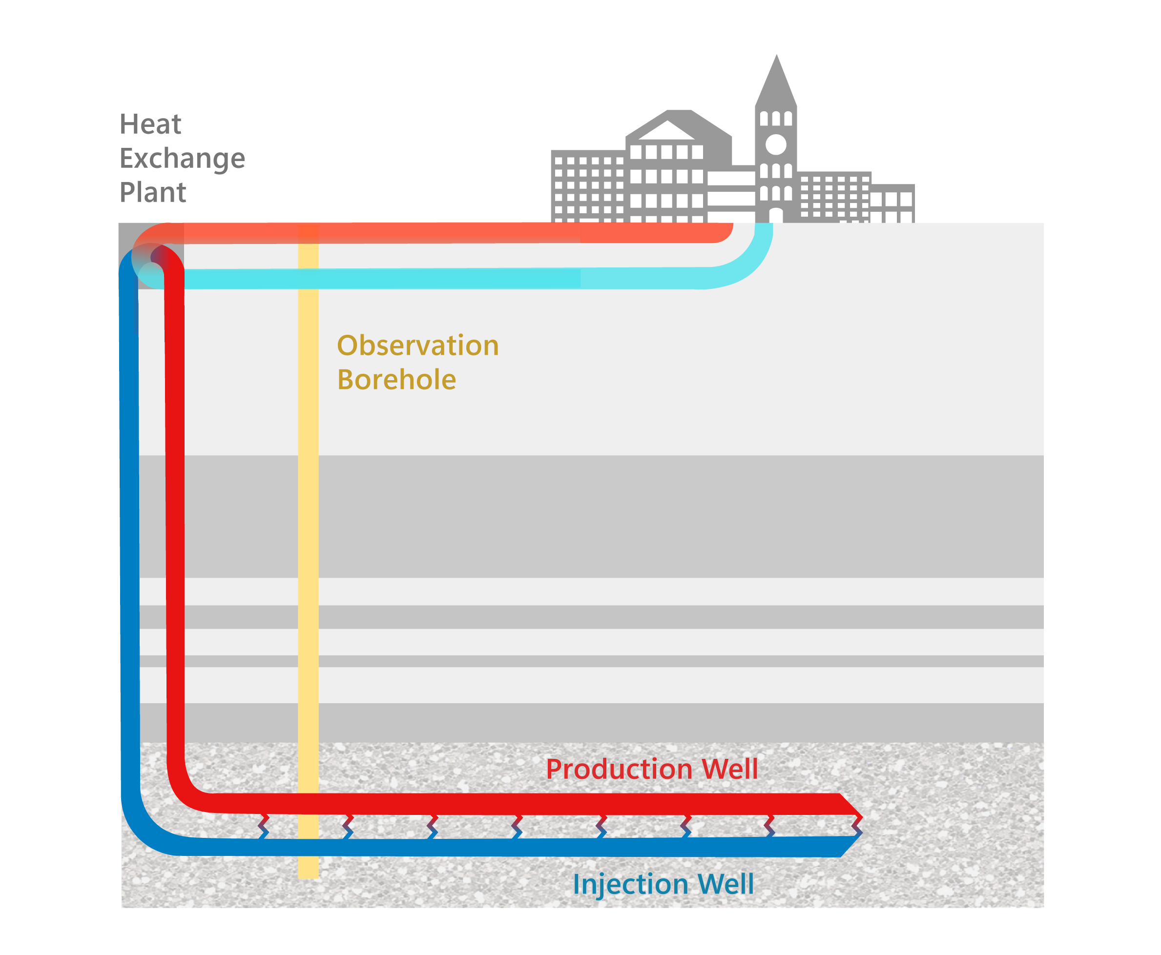 Graphic indicating Water pumped down one well would flow through heated rock fissures, then be drawn up a second well to a surface heat exchange facility, distributing hot water to campus buildings.