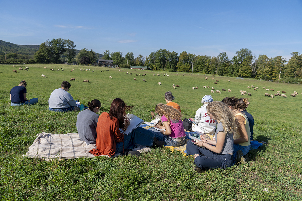 The instructor, Melissa Conroy, leads students to visit the Brooktondale Sheep Farm for the class FSAD 4370: Knitwear Design and Other Knit Applications.