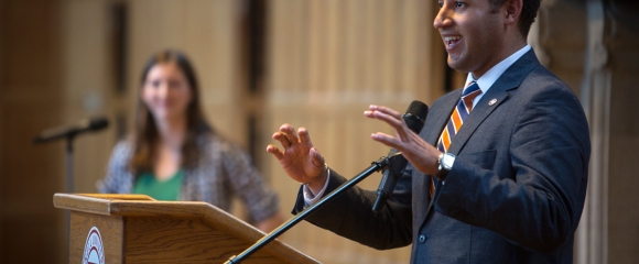 Ithaca mayor Svante Myernick addressing a crowd of Cornellians