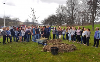 Students planting a tree on campus