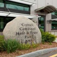 Big rock/sign with the name of the office "Cornell Combined Heat & Power Plant" 
