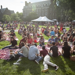 Crowd sitting outside