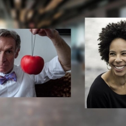 Bill Nye ’77 (left) and marine biologist and conservation expert Dr. Ayana Elizabeth Johnson (right) discussed climate solutions at the December New York Sustainability Conference.