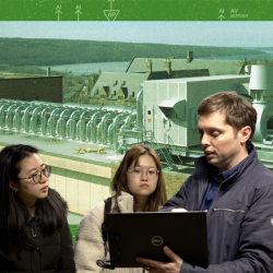 People viewing a laptop in front of a graphic of a rooftop mechanical system.