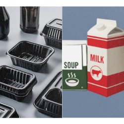 black plastic takeout containers, black plastic sushi trays, and black plastic bottles & cartons