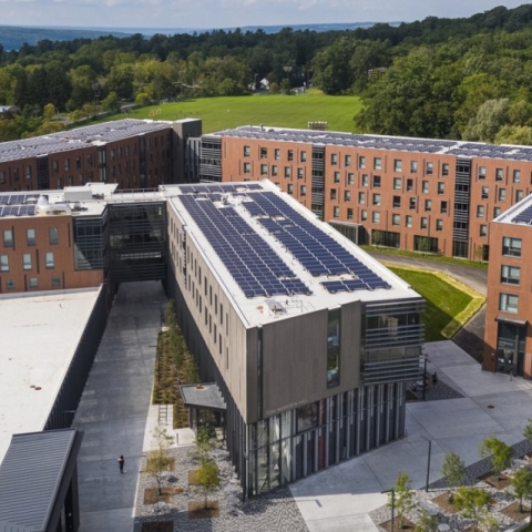 The solar arrays on Ganędagǫ: Hall and Toni Morrison Hall absorb a lot of energy on sunny days.