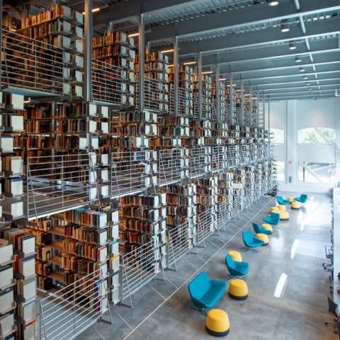 Hanging book stacks in the Fine Arts Library