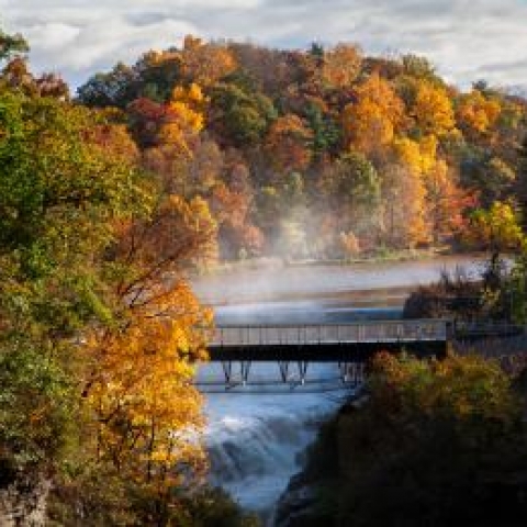 Beebe lake as seen from the Fall Creek footbridge, with autumn foliage