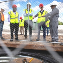  Bill Nye ’77; Bert Bland-VP Energy & Sustainability ,  Prof Lynden Archer at the drilling site  June 2022.