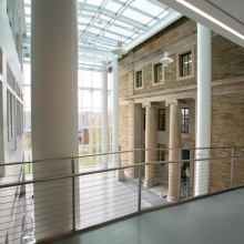 The Physical Sciences atrium and interior bridge connecting the new building to adjacent Rockefeller building. 