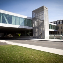 University Ave passing under the Milstein Hall overhang.