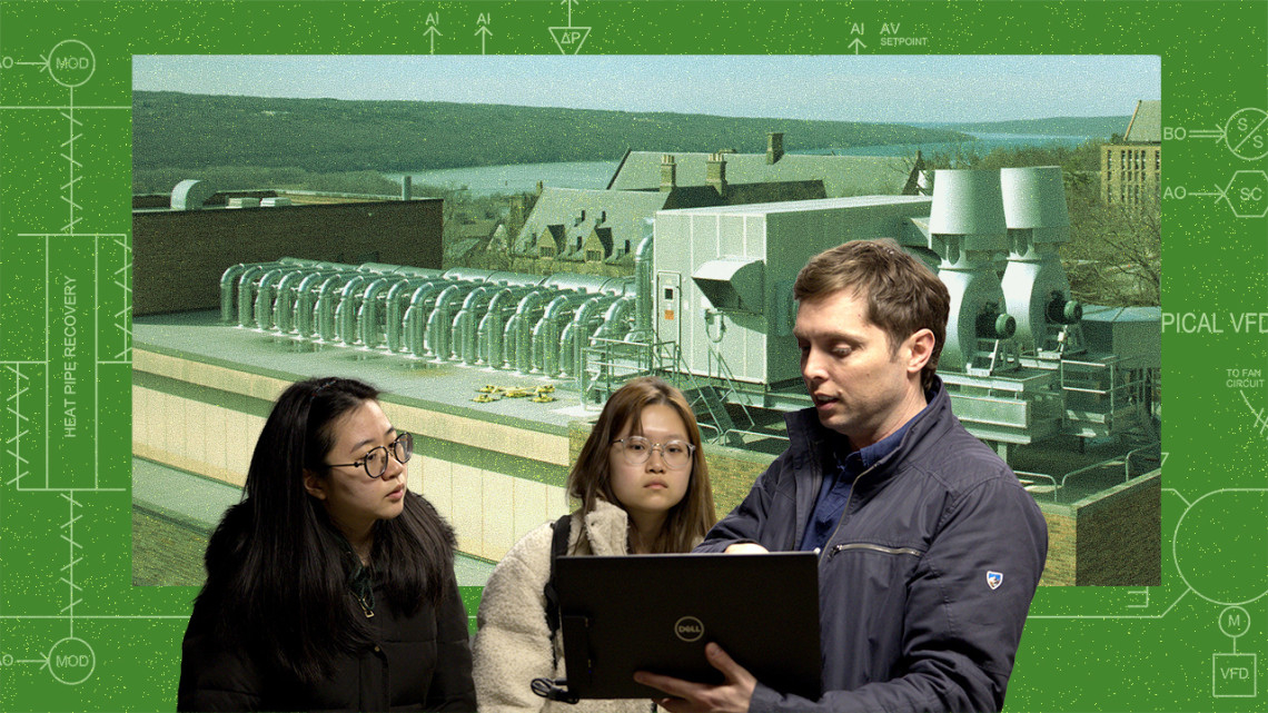 People viewing a laptop in front of a graphic of a rooftop mechanical system.