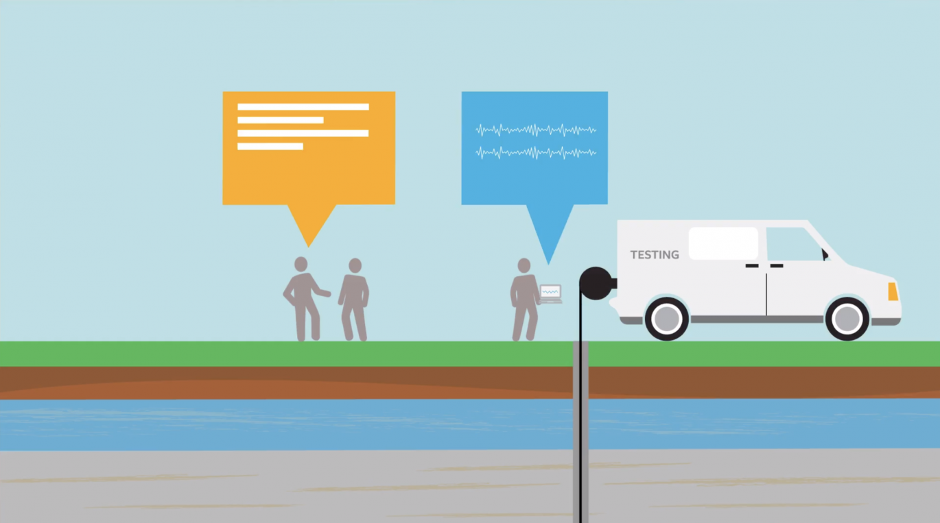 Two graphic figures observe a drill site